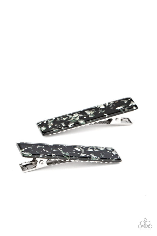 Paparazzi Accessories Play HAIR Guitar - Black Featuring silvery iridescent flecks, a pair of black rectangular hair clips pull back the hair for a retro look. Features a standard hair clip on the back. Hair Accessories