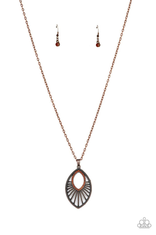 Paparazzi Accessories Court Couture - Copper Radiating with studded copper bars, a glistening marquise shaped frame swings from the bottom of an elongated gunmetal chain. Glittery rhinestones adorn the frame, adding a refined flair to the regal pendant. F
