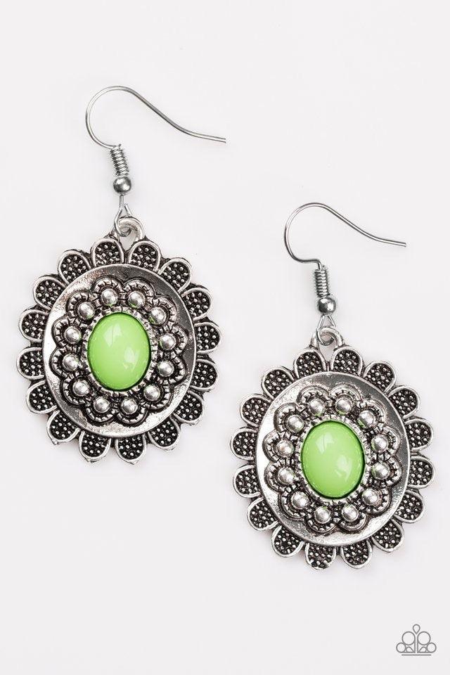 Paparazzi Accessories Summer Blooms - Green A refreshing green bead is pressed into the center of an ornate floral frame for a summery look. Earring attaches to a standard fishhook fitting. Jewelry