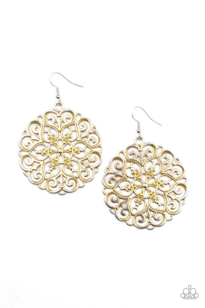 Paparazzi Accessories Mandala Effect - Yellow Brushed in a rustic yellow finish, an oversized mandala-like silver frame swings from the ear for a seasonal pop of color. Earring attaches to a standard fishhook fitting. Sold as one pair of earrings. Jewelry