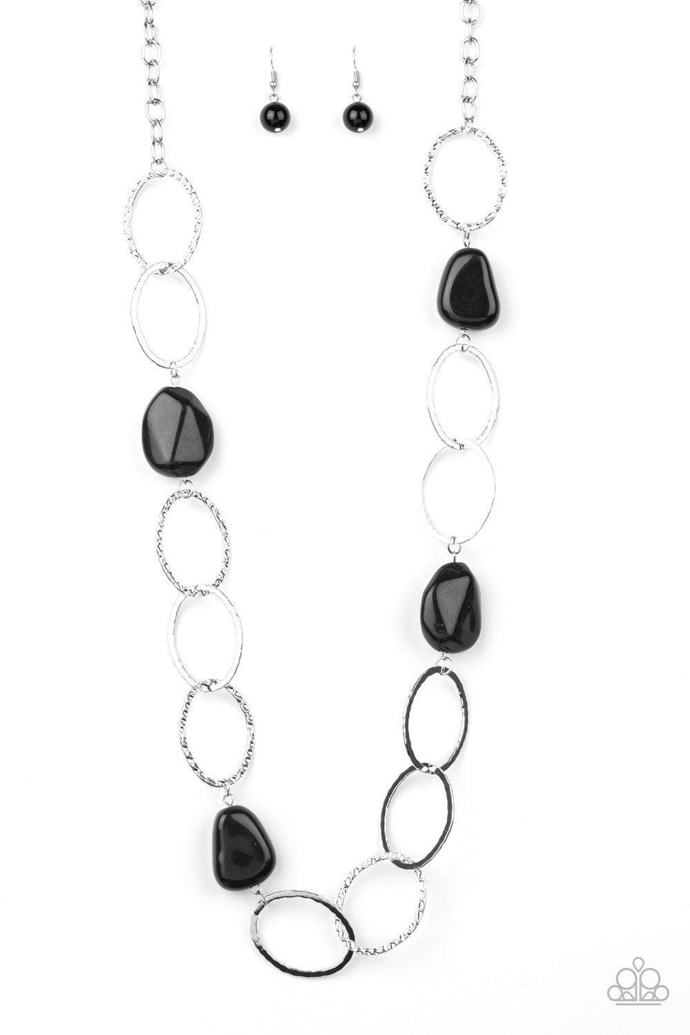 Paparazzi Accessories Modern Day Malibu - Black Featuring a faux rock finish, faceted black beads join hammered silver hoops across the chest for a seasonal look. Features an adjustable clasp closure. Jewelry