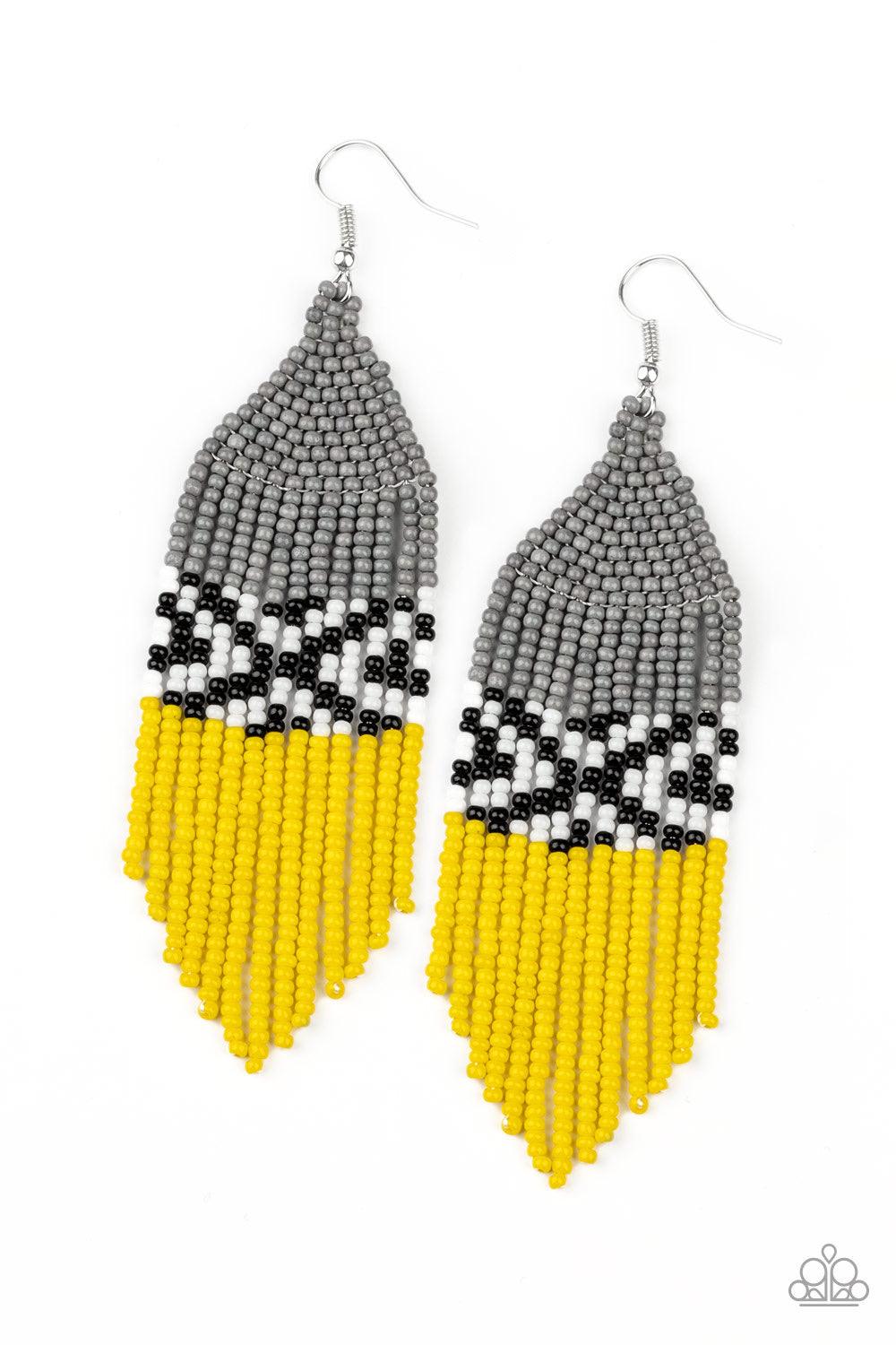Paparazzi Accessories Beautifully BEADazzling - Silver Strands of gray, black, white, and yellow seed beads vivaciously weave into a checkered beaded fringe. Earring attaches to a standard fishhook fitting. Jewelry
