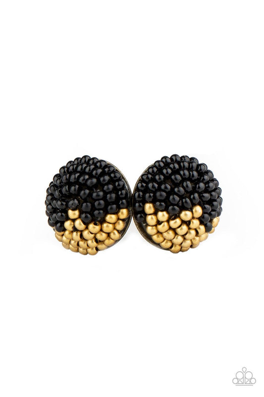 Paparazzi Accessories As Happy As Can BEAD - Black A dainty collection of black and brassy seed beads embellished the front of a circular frame, creating a colorful half and half pattern. Earring attaches to a standard post fitting. Sold as one pair of po