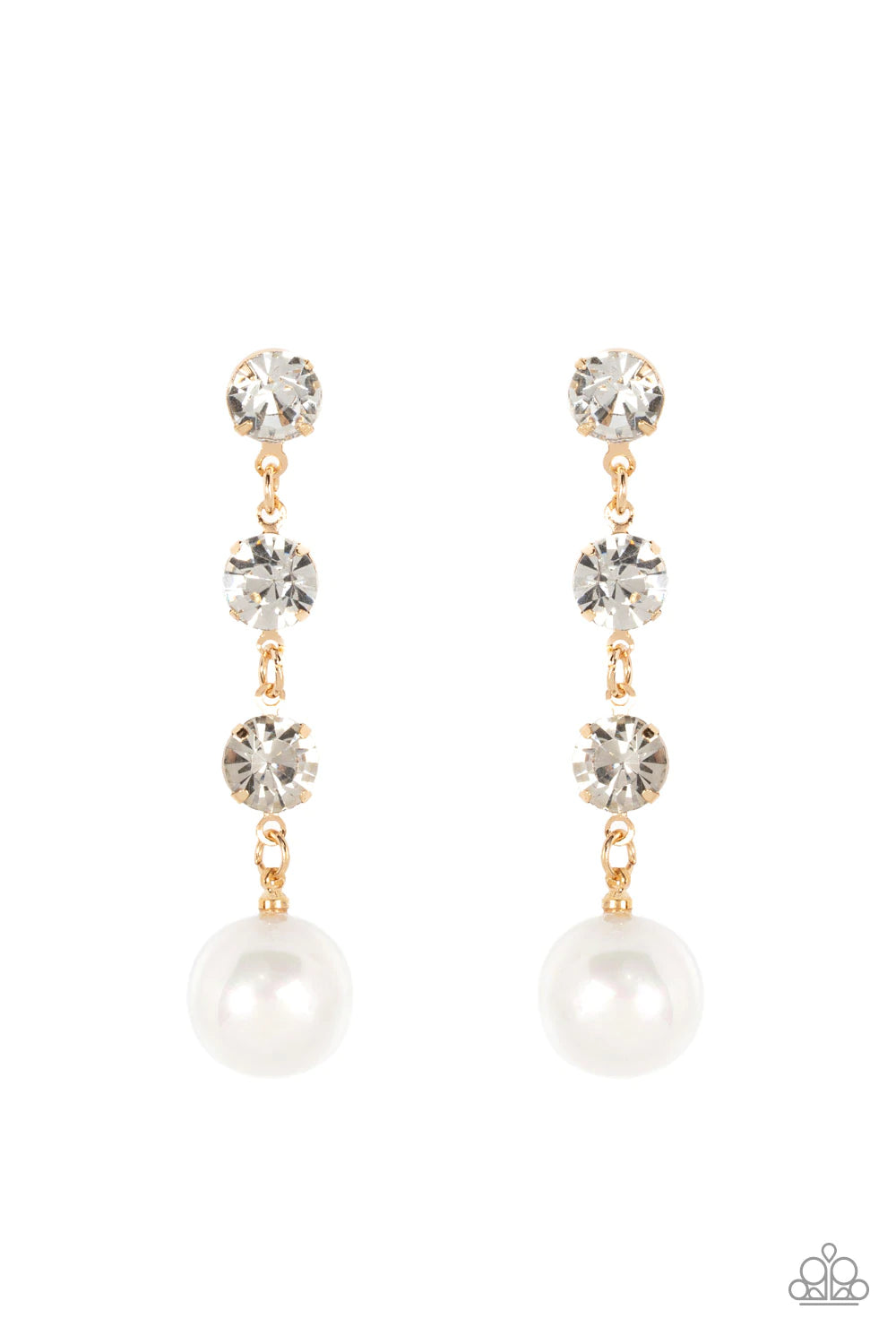 Paparazzi Accessories Yacht Scene - Gold Encased in sleek gold fittings, a trio of classic white rhinestones give way to an oversized iridescent pearl, creating an elegantly extended chandelier. Earring attaches to a standard post fitting. Sold as one pai