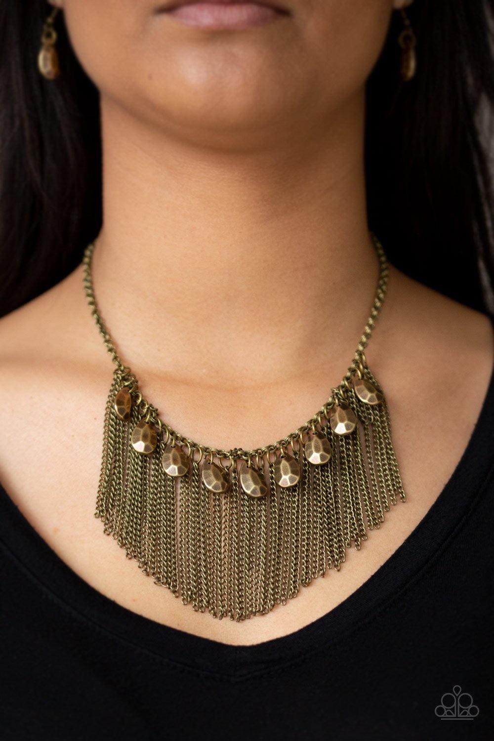 Paparazzi Accessories Bragging Rights - Brass A row of faceted brass teardrops and free-falling brass chains drape below the collar, creating a dramatic fringe for a show-stopping style. Features an adjustable clasp closure. Jewelry