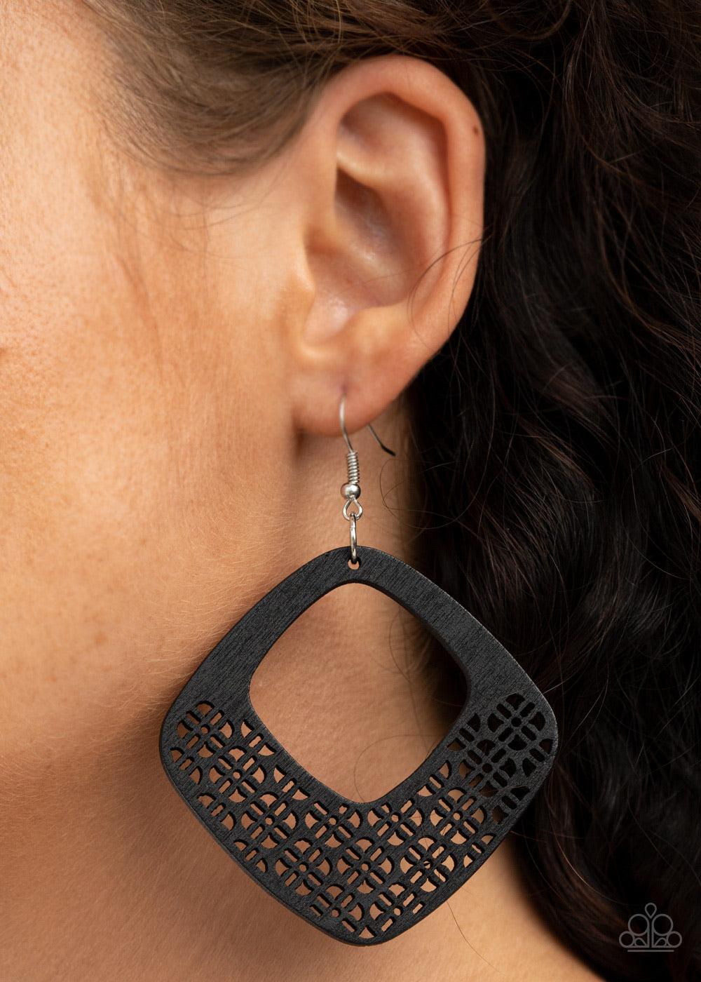 Paparazzi Accessories Wood You Rather - Black Painted in a neutral black finish, the bottom of a wooden diamond-shaped frame has been cut into an airy floral stenciled pattern for a whimsical finish. Earring attaches to a standard fishhook fitting. Sold a