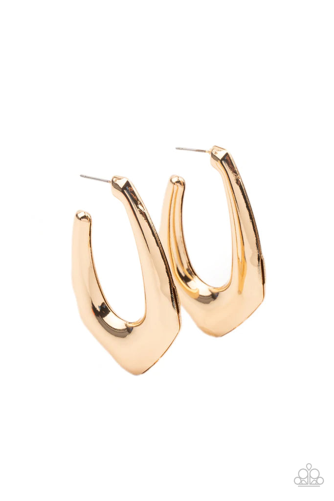 Paparazzi Accessories Find Your Anchor - Gold Two gold frames join into a beveled anchor shaped hoop, creating bold a pop of metallic shimmer. Earring attaches to a standard post fitting. Hoop measures approximately 1 1/4" in diameter. Sold as one pair of