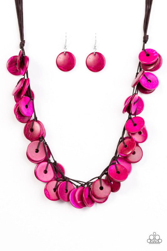 Paparazzi Accessories Jammin Jamaica - Pink Shiny wooden discs brushed in a refreshing pink finish trickle along shiny brown cording, creating clustered layers below the collar. Features a button-loop closure. Jewelry