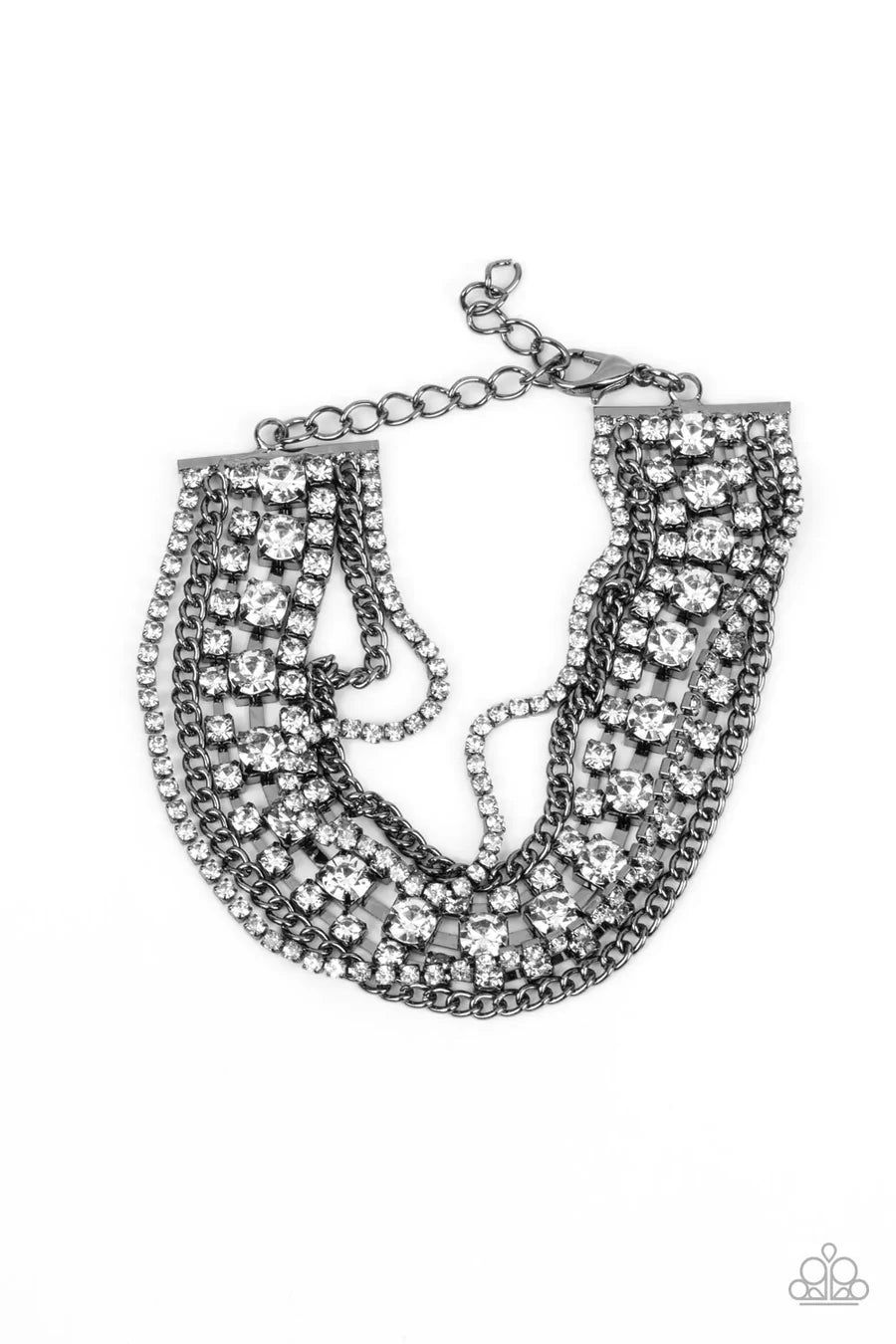 Paparazzi Accessories Interstellar Interlude - Black Set in square gunmetal fittings, strands of sparkly white rhinestones layers around the wrist. Infused with classic gunmetal chains, the sparkly rows stack into an irresistible shimmer. Features an adju