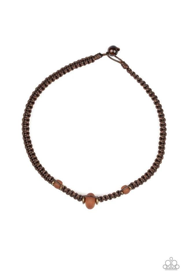 Paparazzi Accessories Maui Beach - Brown Braided brown cording knots around a collection of brass accents and opaque brown beads, creating an urban look below the collar. Features a button-loop closure. Jewelry