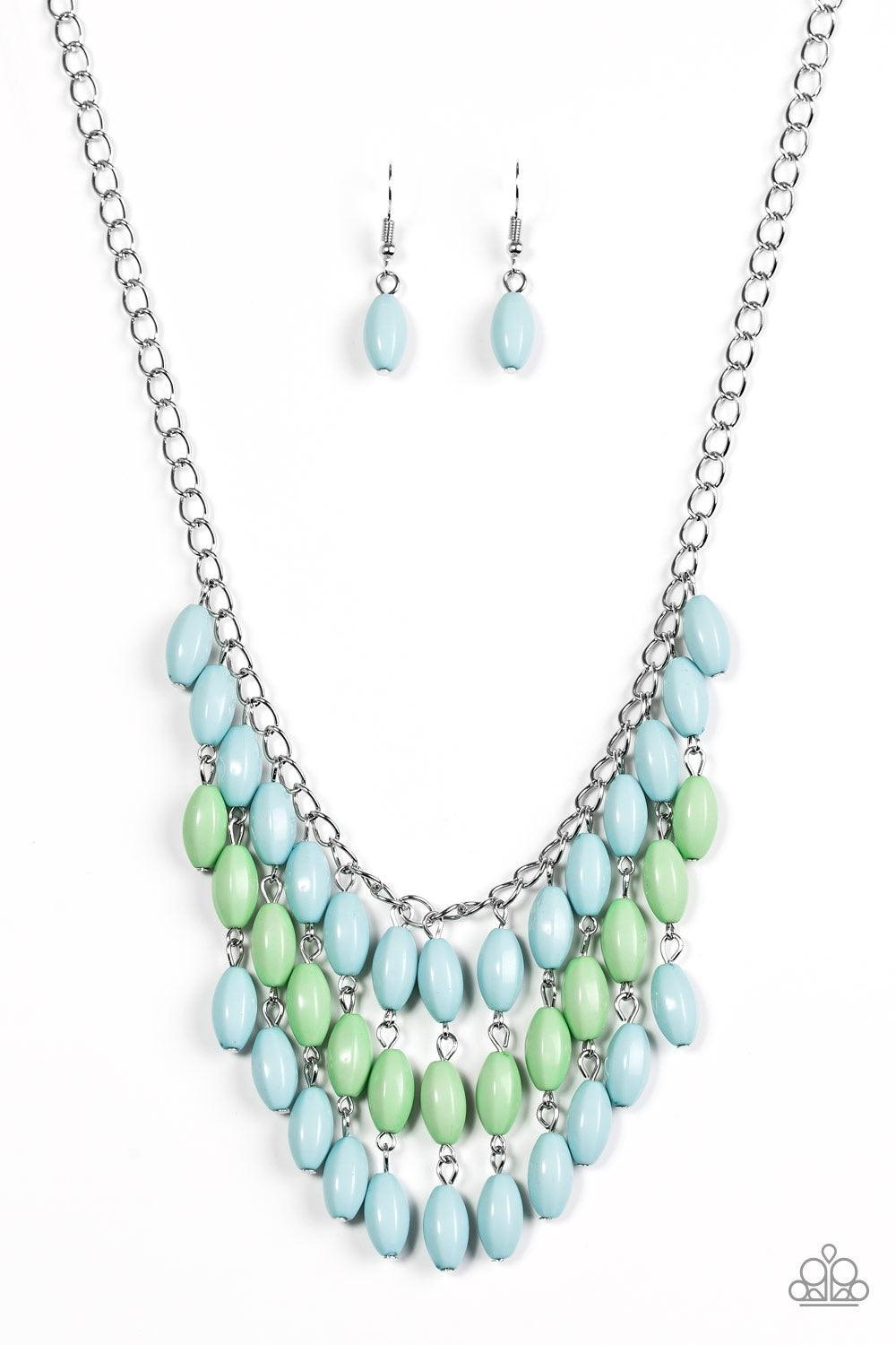 Paparazzi Accessories Delhi Diva - Blue Faceted blue and green beads cascade from the bottom of a shimmery silver chain, creating a flirty fringe below the collar. Features an adjustable clasp closure. Jewelry