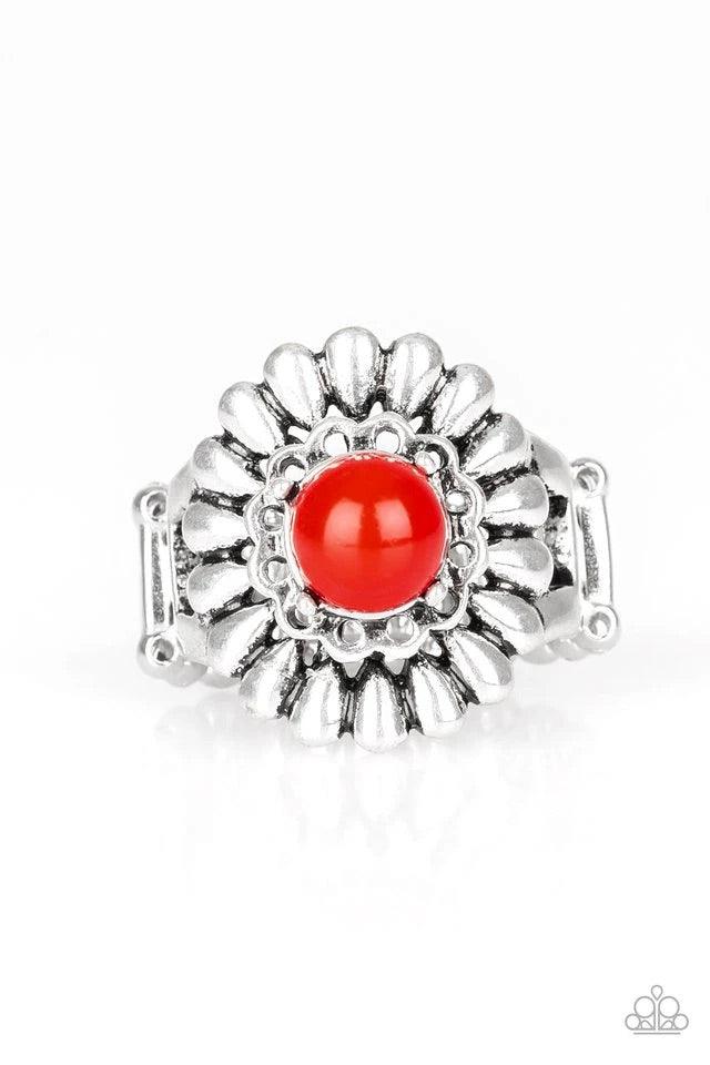 Paparazzi Accessories Poppy Pep - Red A fiery red bead is nestled atop a stacked floral frame, creating a colorful flower atop the finger. Features a stretchy band for a flexible fit. Sold as one individual ring. Jewelry