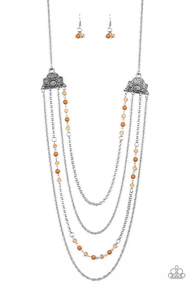 Paparazzi Accessories Pharaoh Finesse - Brown Attached to two ornate floral silver fittings, shimmery silver chains and strands of polished brown and glassy crystal-like beads cascade across the chest for a whimsically layered look. Features an adjustable