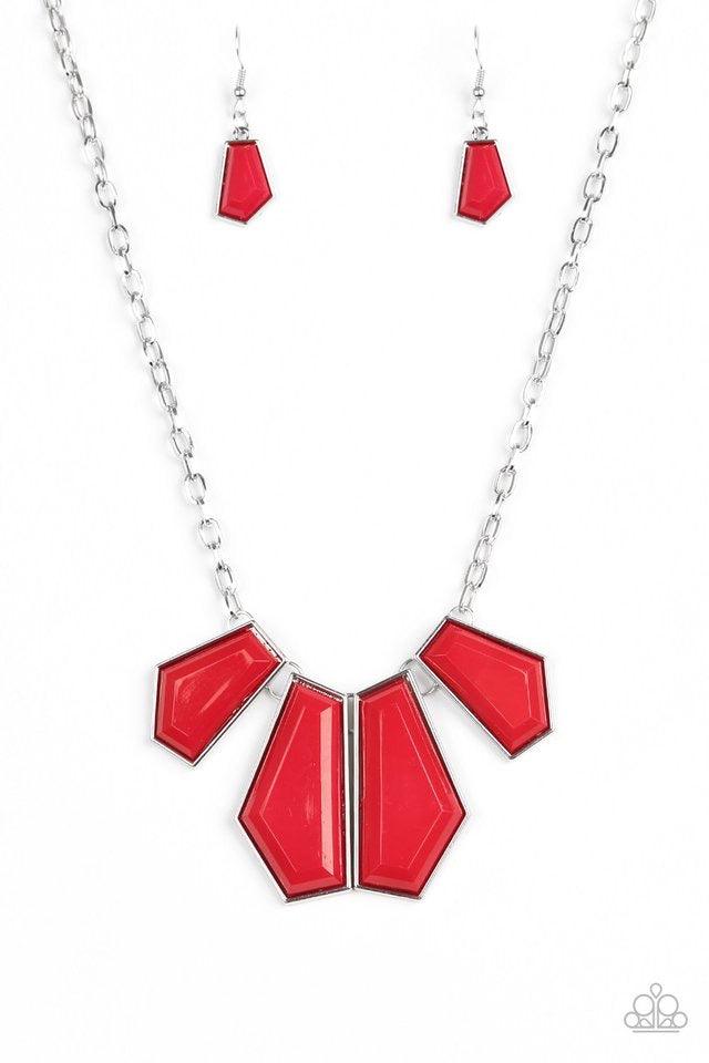 Paparazzi Accessories Get Up and GEO - Red Featuring emerald-style cuts, faceted red beads are pressed into sleek silver frames. The colorful frames join at the bottom of a shimmery silver chain, creating a bold geometric fringe below the collar. Features