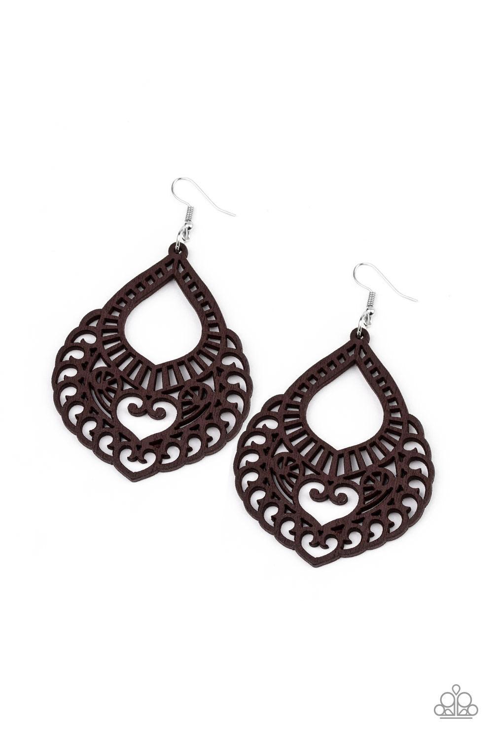 Paparazzi Accessories If You WOOD Be So Kind - Brown Painted in a brown finish, an airy wooden frame swirling with filigree detail swings from the ear for a seasonal look. Earring attaches to a standard fishhook fitting. Sold as one pair of earrings. Jewe