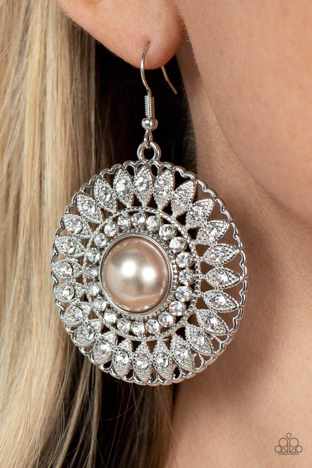 Paparazzi Accessories Glorified Glitz - Brown White rhinestone dotted silver petals fan out from a brown pearl dotted center, resulting in a radiant centerpiece. Earrings attach to a standard fishhook fitting. Sold as one pair of earrings. Jewelry