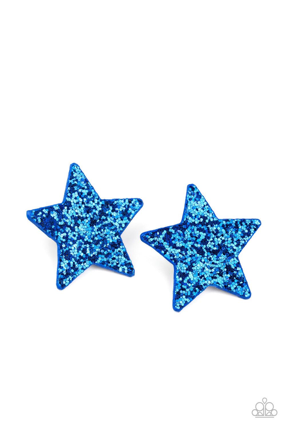 Paparazzi Accessories Star-Spangled Superstar - Blue Sprinkled in glittery blue sequins, a sparkling pair of stars are attached to clips on the back for a patriotic inspired fashion. Features standard snap clips. Hair Accessories