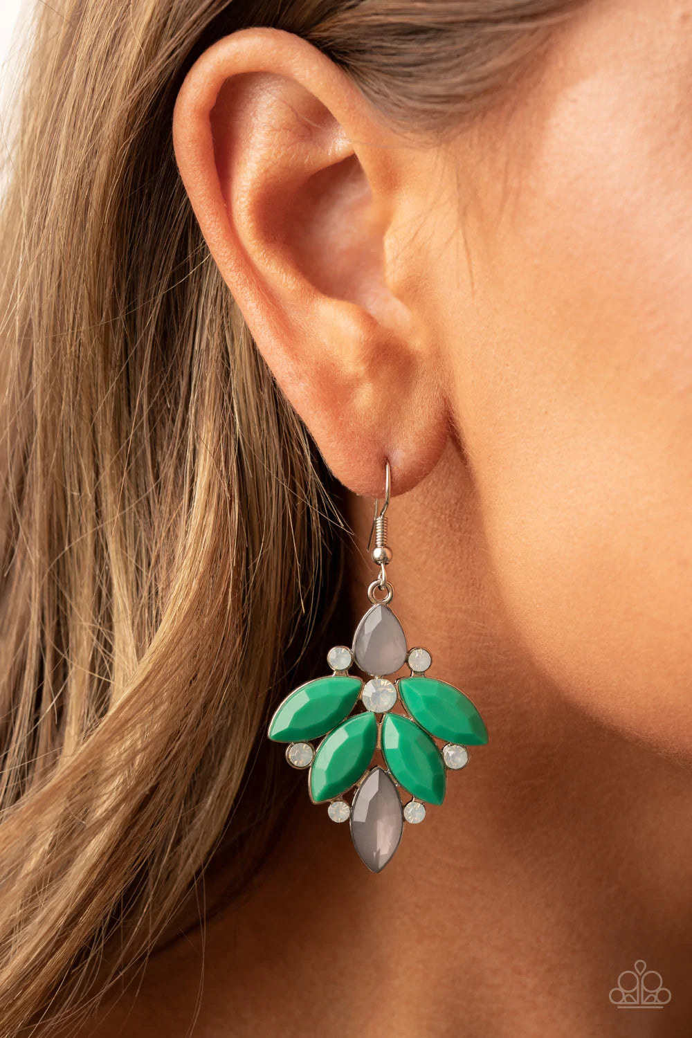 Paparazzi Accessories Fantasy Flair - Green Infused with opal white rhinestones, smoky glass-like and Leprechaun acrylic beads fan out into an elegantly ethereal frame. Earring attaches to a standard fishhook fitting. Sold as one pair of earrings.