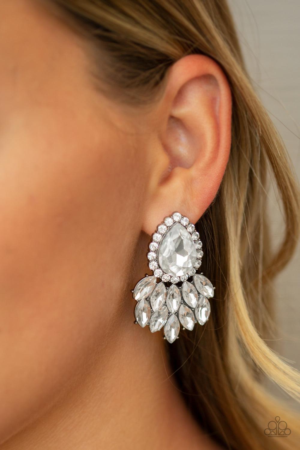 Paparazzi Accessories A Breath of Fresh HEIR - Black Glassy white marquise style rhinestones cascade from the bottom of a dramatically oversized white teardrop gem, coalescing into a regal frame. Earring attaches to a standard post fitting. Jewelry