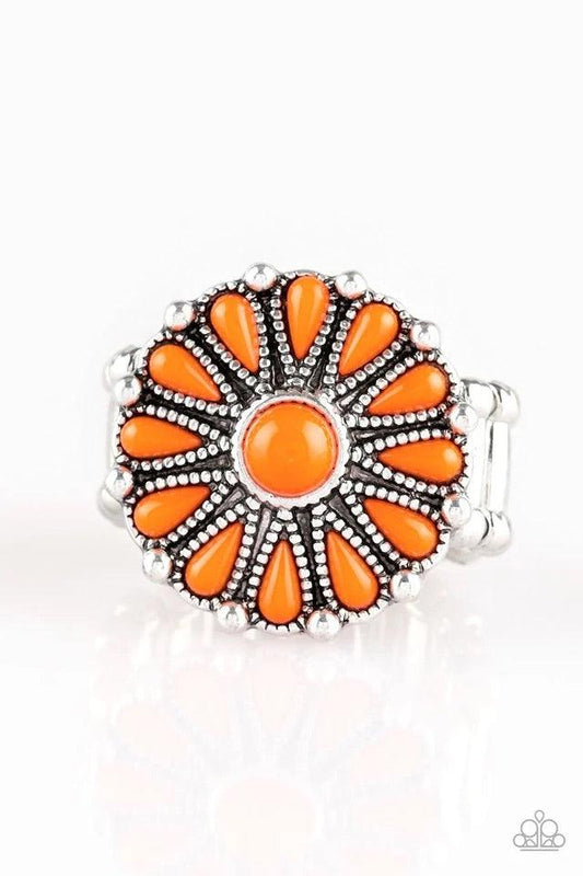 Paparazzi Accessories Poppy Pop-Tastic - Orange Vivacious orange beads spin around a studded silver frame, creating a colorful floral pattern atop the finger. Features a stretchy band for a flexible fit. Jewelry