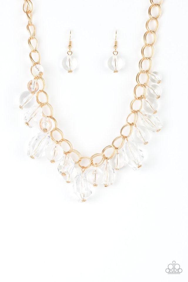 Paparazzi Accessories Gorgeously Globetrotter - Gold Varying in shape and shimmer, smooth and faceted glassy beads trickle from doubled gold chain links, creating a glamorous fringe below the collar. Features an adjustable clasp closure. Sold as one indiv