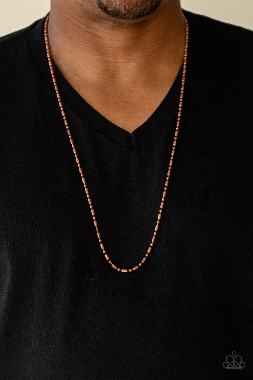 Paparazzi Accessories Covert Operation - Copper Brushed in an antiqued finish, a dainty copper ball and bar chain drapes across the chest for a casual look. Features an adjustable clasp closure. Jewelry