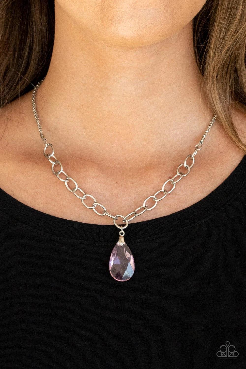 Paparazzi Accessories Mega Modern - Pink A glassy pink teardrop swings from the bottom of a chunky silver chain that attaches to a shimmery silver popcorn chain, creating a modern display below the collar. Features an adjustable clasp closure. Sold as one