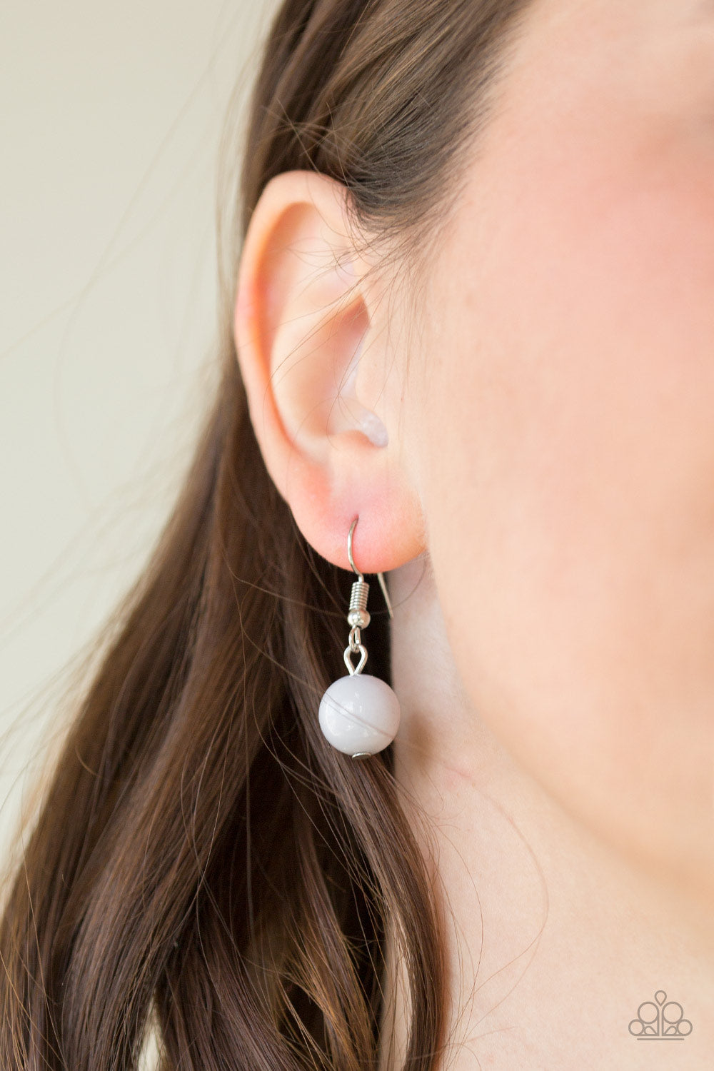 Paparazzi Accessories Cache Me Out - Silver A collection of glassy and polished gray beads give way to layers of mismatched silver chain for a whimsical look. Features an adjustable clasp closure. Sold as one individual necklace. Includes one pair of matc