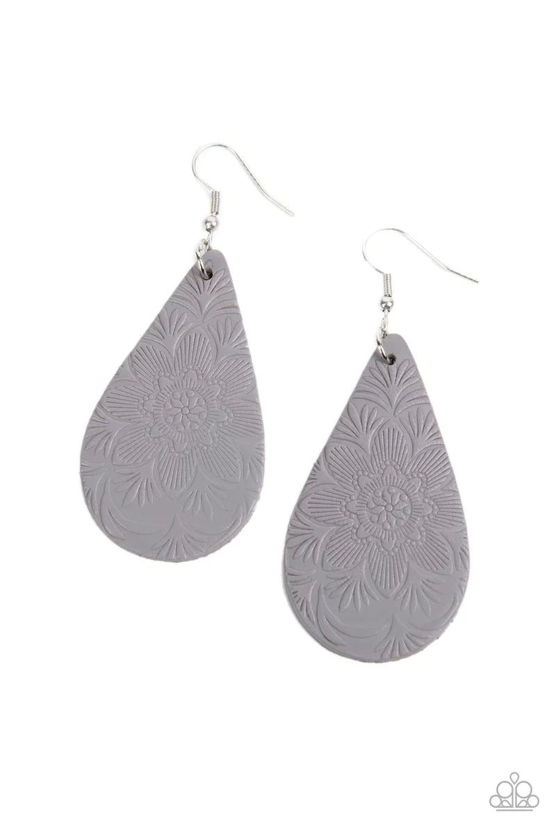 Paparazzi Accessories Subtropical Seasons - Silver Embossed in a tropical floral pattern, a distressed Ultimate Gray leather teardrop swings from the ear for a whimsically rustic flair. Earring attaches to a standard fishhook fitting. Sold as one pair of