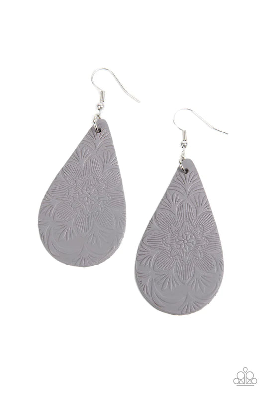 Paparazzi Accessories Subtropical Seasons - Silver Embossed in a tropical floral pattern, a distressed Ultimate Gray leather teardrop swings from the ear for a whimsically rustic flair. Earring attaches to a standard fishhook fitting. Sold as one pair of