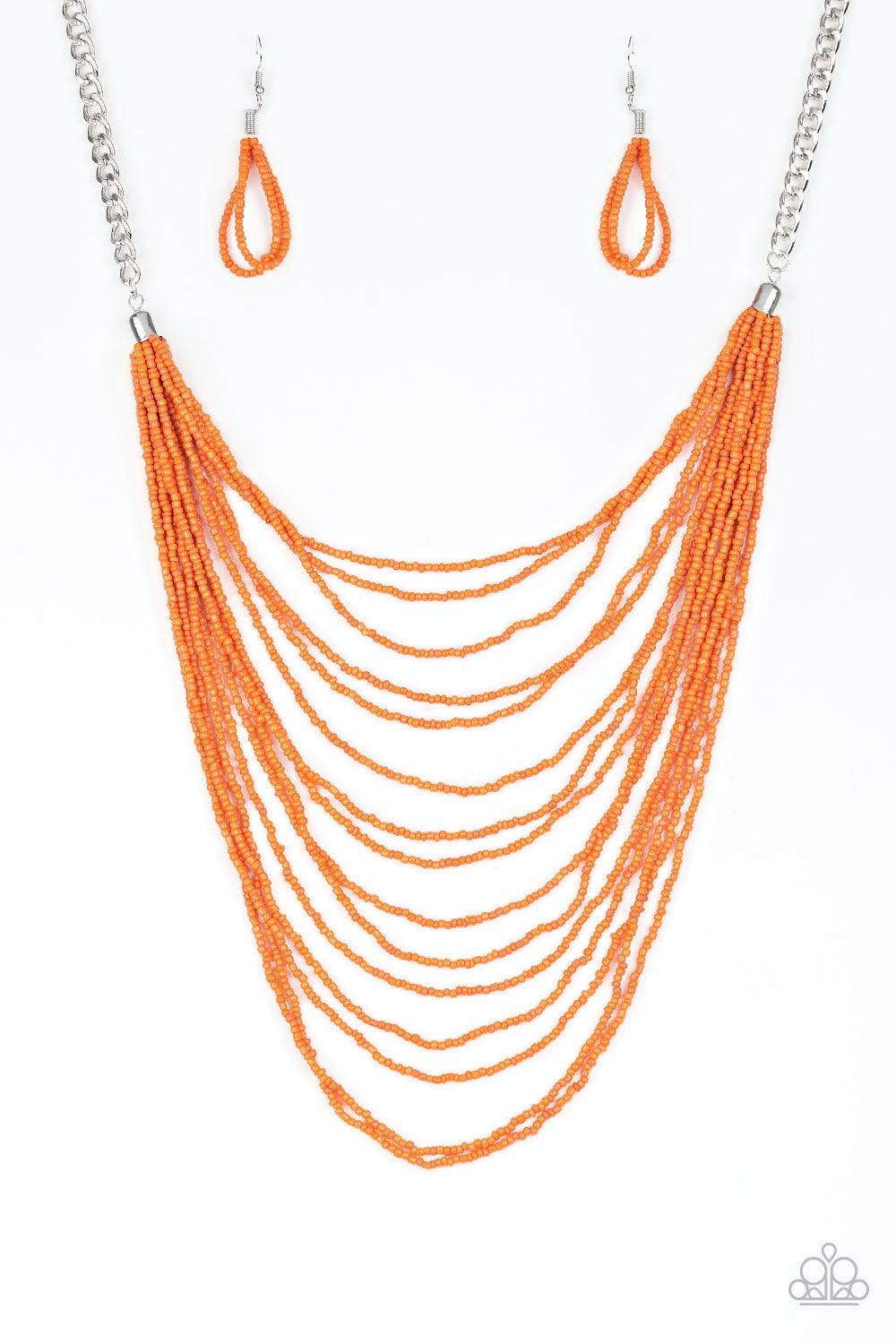 Paparazzi Accessories Bora Bombora - Orange Row after row of vivacious orange seed beads cascade down the chest, creating summery layers. Features an adjustable clasp closure. Jewelry