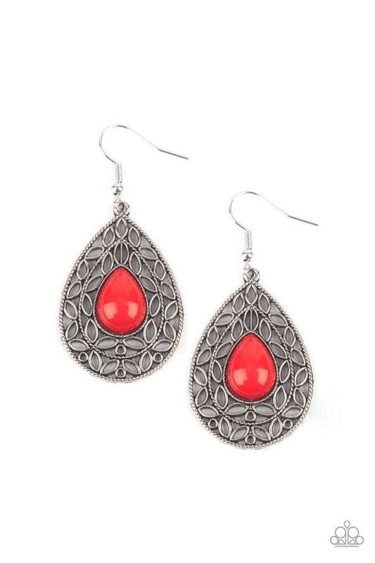 Paparazzi Accessories Fanciful Droplets - Red Fanciful teardrop frames filled with a charming leaf motif filigree envelop a bright red teardrop bead creating a captivating lure. Earring attaches to a standard fishhook fitting. Jewelry