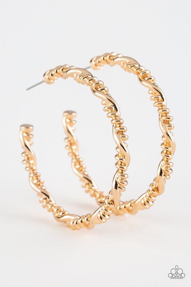 Paparazzi Accessories Street Mod - Gold Glistening gold bars wrap into an edgy twisted hoop for a casual look. Earring attaches to a standard post fitting. Hoop measures 2" in diameter. Jewelry