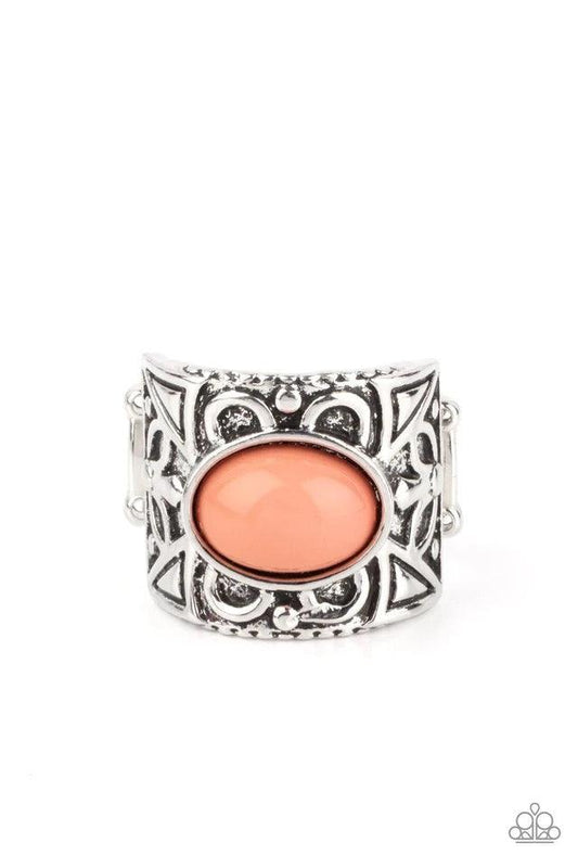 Paparazzi Accessories Bubbly Bonanza - Orange A bubbly Burnt Coral bead is pressed into the center of a thick silver frame embossed in a leafy geometric pattern, creating a colorfully whimsical centerpiece. Features a stretchy band for a flexible fit. Jew