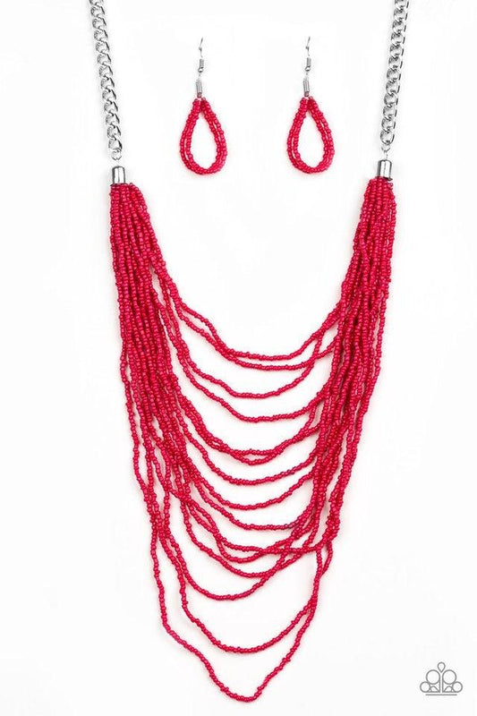 Paparazzi Accessories Bora Bombora - Red Row after row of fiery red seed beads cascade down the chest, creating summery layers. Features an adjustable clasp closure. Jewelry