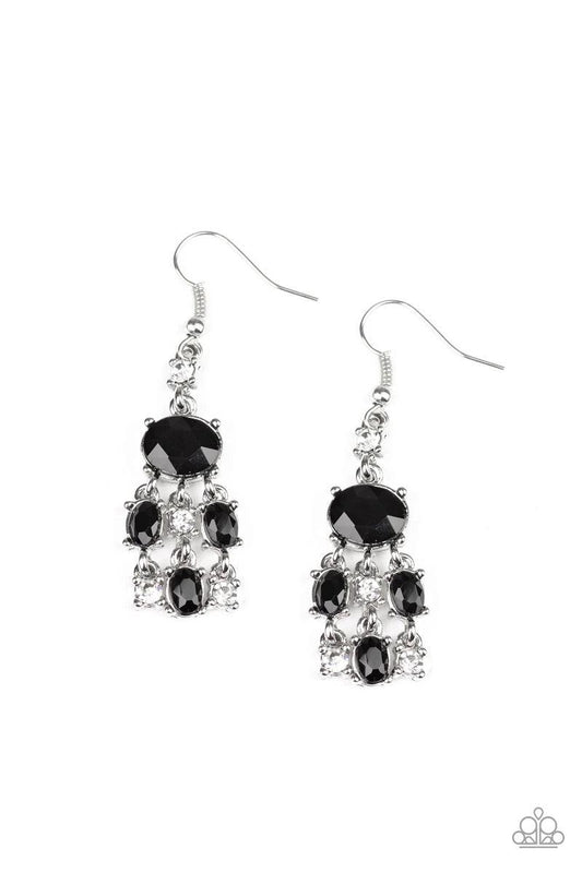 Paparazzi Accessories Demurely Divine - Black Featuring round and oval cuts, a dainty collection of black and white rhinestone frames drip from the bottom of a black oval rhinestone, coalescing into a glamorous lure. Earring attaches to a standard fishhoo