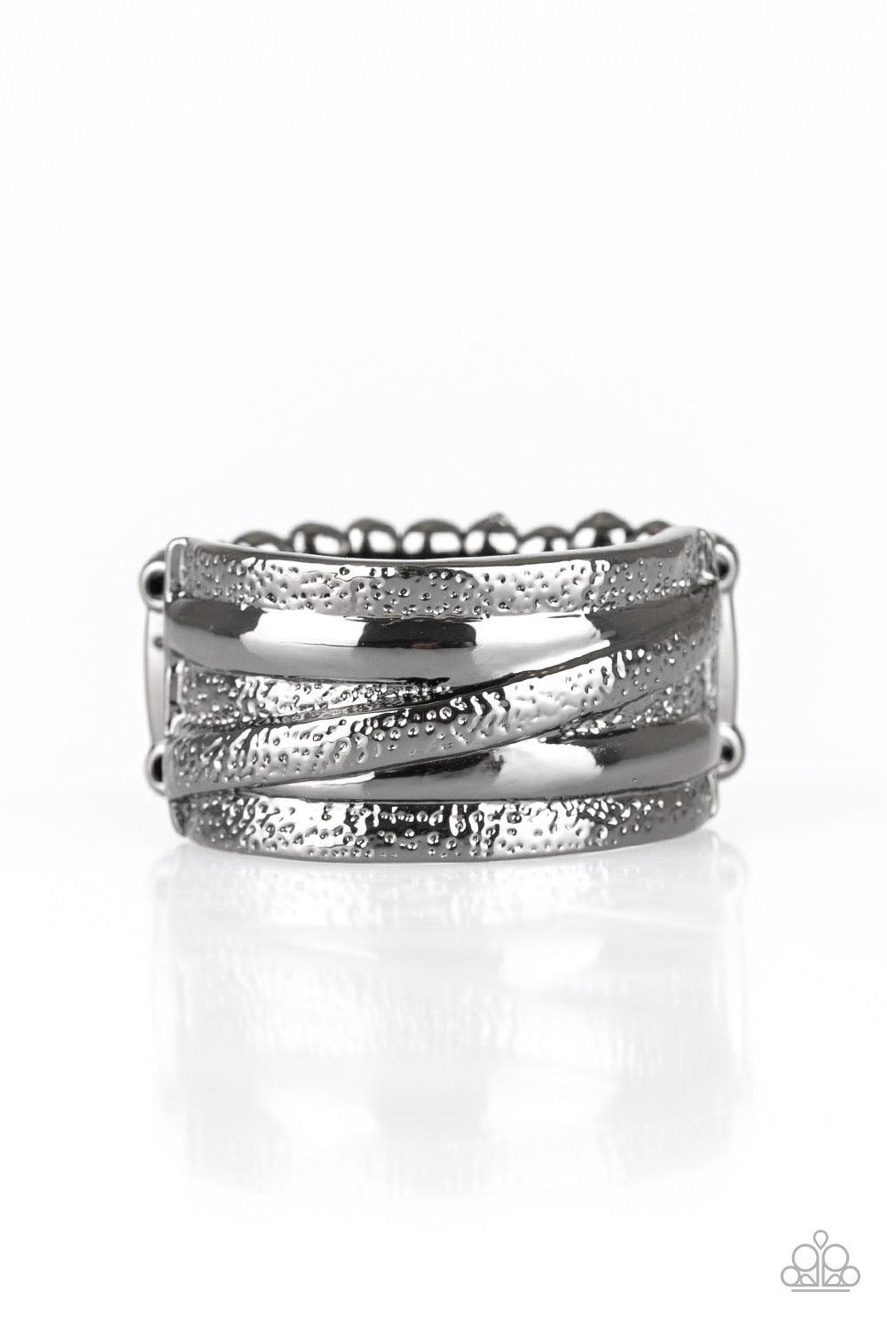 Paparazzi Accessories Rise And Shine - Black Delicately hammered in shimmery textures, glistening gunmetal bands wrap around the finger for a refined look. Features a stretchy band for a flexible fit. Sold as one individual ring. Jewelry