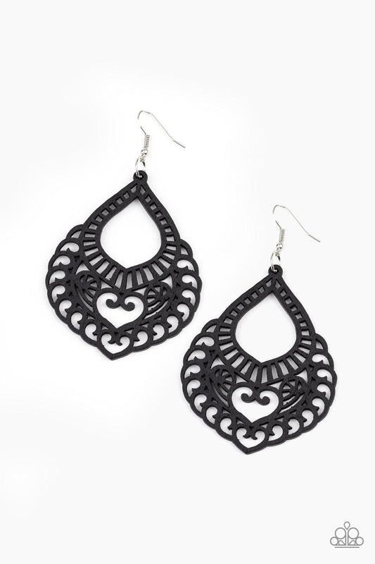 Paparazzi Accessories If You WOOD Be So Kind - Black Painted in a black finish, an airy wooden frame swirling with filigree detail swings from the ear for a seasonal look. Earring attaches to a standard fishhook fitting. Sold as one pair of earrings. Jewe