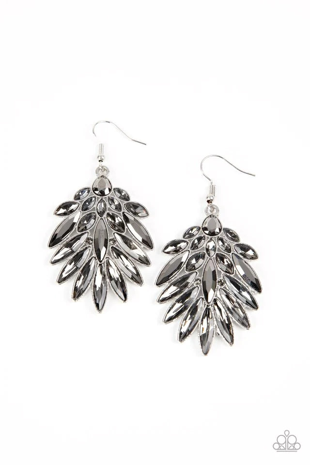 Paparazzi Accessories COSMIC-politan An iridescent/Silver teardrop rhinestone gives way to a sparkly fan of classic white and oblong iridescent marquise cut rhinestones, coalescing into an out-of-this-world statement piece. Earring attaches to a standard