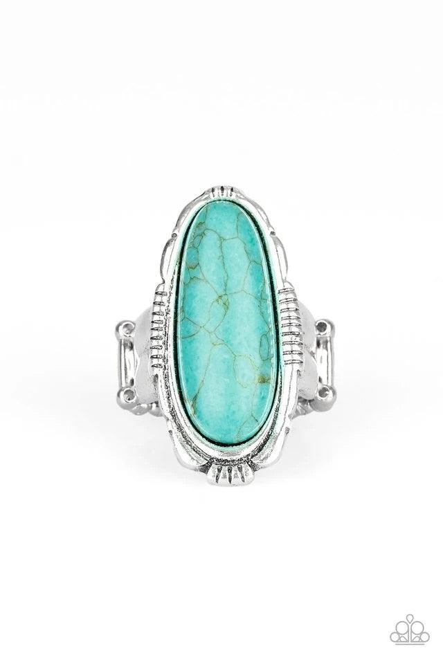 Paparazzi Accessories Desert Thirst - Blue An oblong turquoise stone is pressed into the center of an ornate silver frame for a seasonal look. Features a stretchy band for a flexible fit. Sold as one individual ring. Jewelry