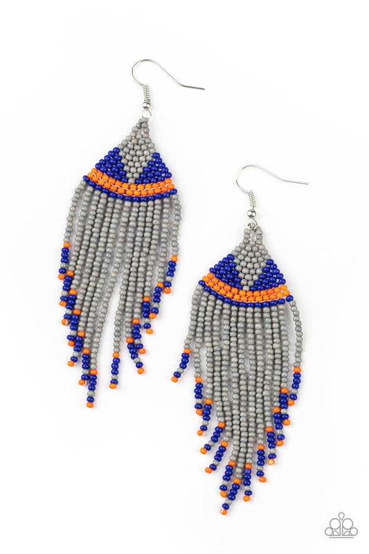 Paparazzi Accessories BEADazzle Me - Silver Strands of gray, blue, and orange seed beads colorfully weave into a vivaciously beaded fringe. Earring attaches to a standard fishhook fitting. Sold as one pair of earrings. Jewelry