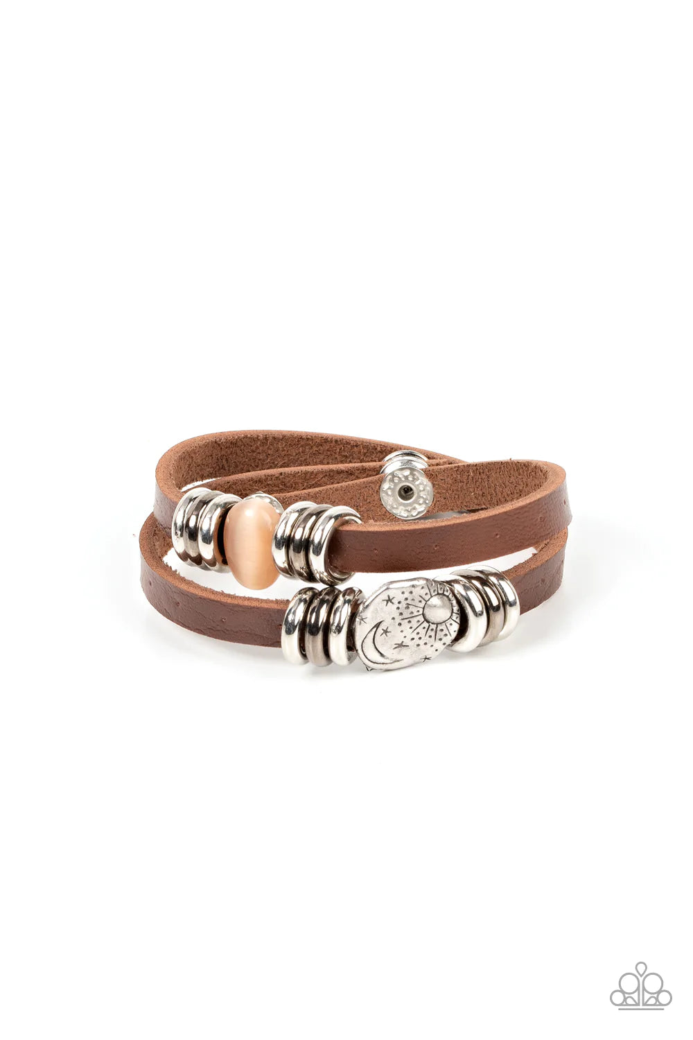 Paparazzi Accessories All Willy-Nilly - Orange Infused with trios of silver and gunmetal rings, a glassy orange cat's eye stone and hammered silver disc stamped in a starry sun and moon pattern adorns layered brown leather bands around the wrist for a sea