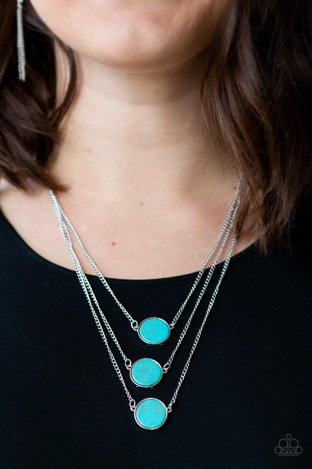 Paparazzi Accessories CEO Of Chic - Blue Three flat turquoise stones are pressed into sleek silver frames and layered below the collar for a chic finish. Features an adjustable clasp closure. Sold as one individual necklace. Includes one pair of matching