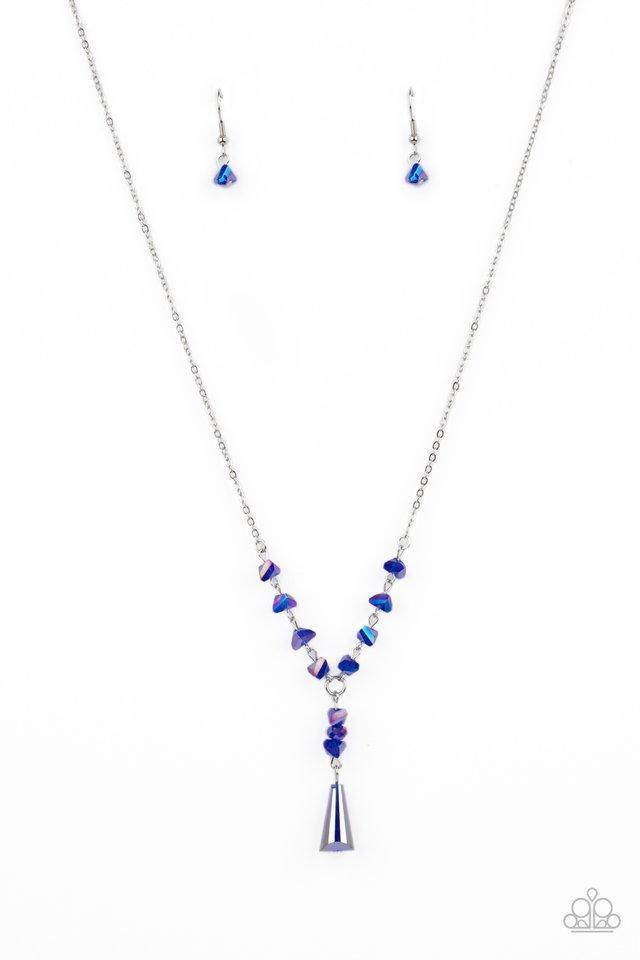 Paparazzi Accessories Olympian Oracle - Blue Featuring a blue iridescent shimmer, raw cut glassy beads trickle along a dainty silver chain, giving way to a tranquil crystal-like pendant below the collar. Features an adjustable clasp closure. Sold as one i