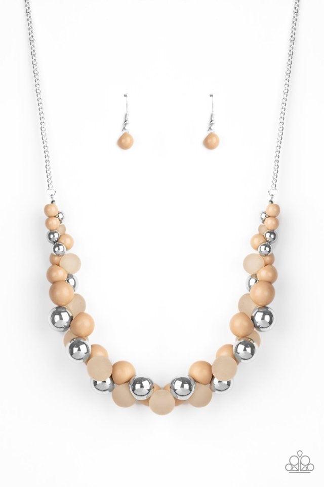 Paparazzi Accessories Bubbly Brilliance - Brown A bubbly collection of imperfect silver, opaque, and Lark beads are threaded along an invisible wire below the collar, creating a colorful cluster. Features an adjustable clasp closure. Jewelry