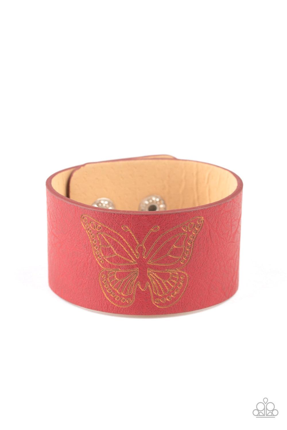 Paparazzi Accessories Flirty Flutter - Red Stamped in a whimsical butterfly, a rustic piece of red leather wraps around the wrist for a seasonal flair. Features an adjustable snap closure. Sold as one individual bracelet. Jewelry