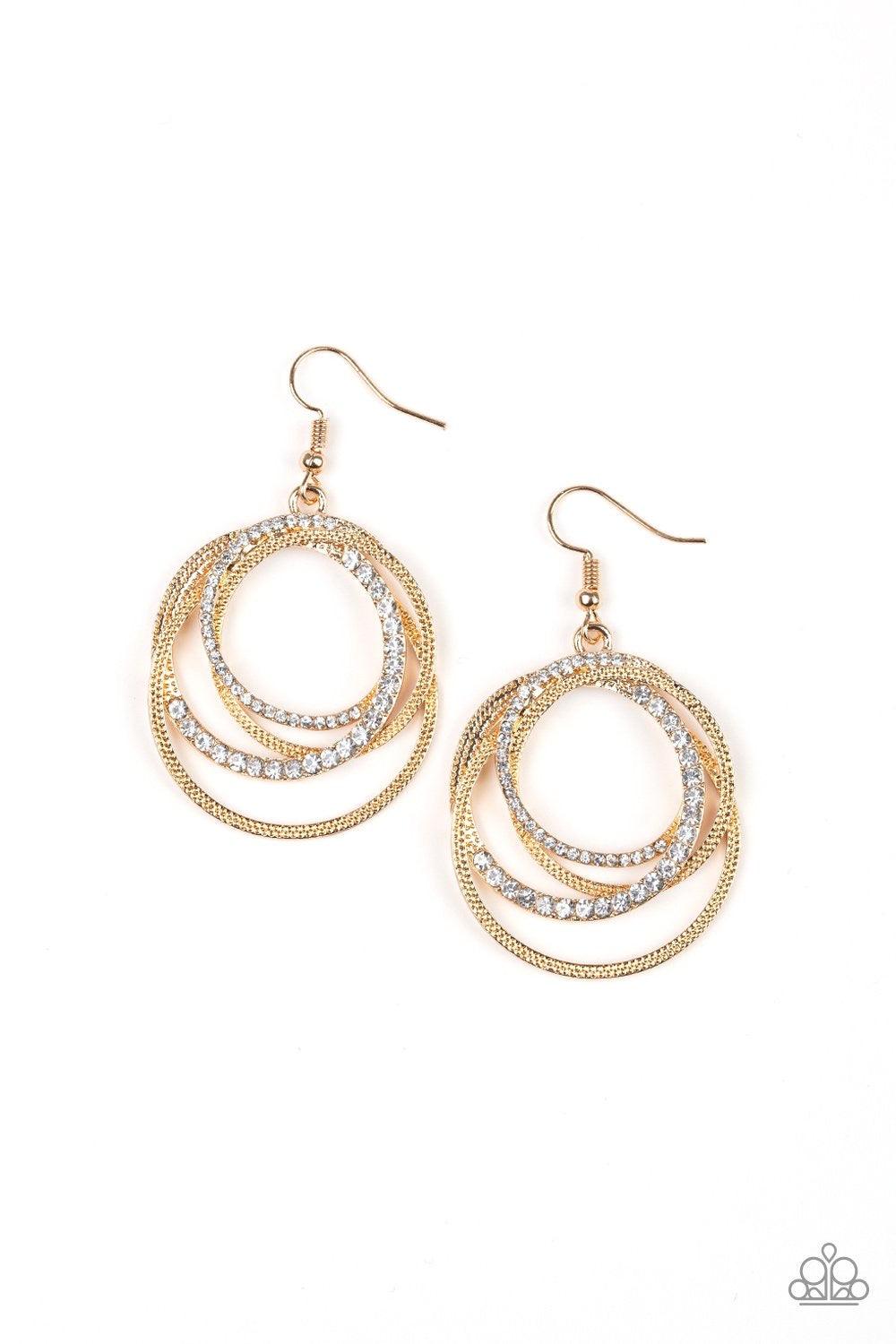 Paparazzi Accessories Elegantly Entangled - Gold Encrusted in sections of white rhinestones, mismatched gold hoops layer into an elegantly entangled lure. Earring attaches to a standard fishhook fitting. Sold as one pair of earrings. Jewelry