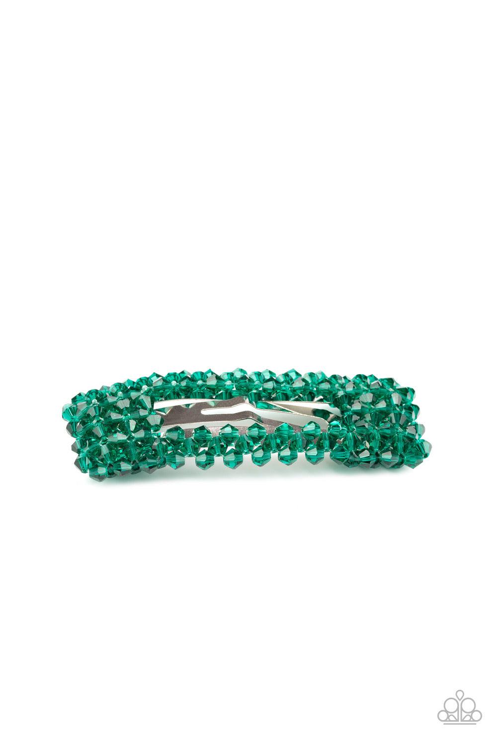 Paparazzi Accessories No Filter - Green Faceted green crystal-like beads bedazzle the front of a rectangular hair clip for a sparkly finish. Features a standard snap clip on the back. Sold as one individual hair clip. Hair Claws & Clips
