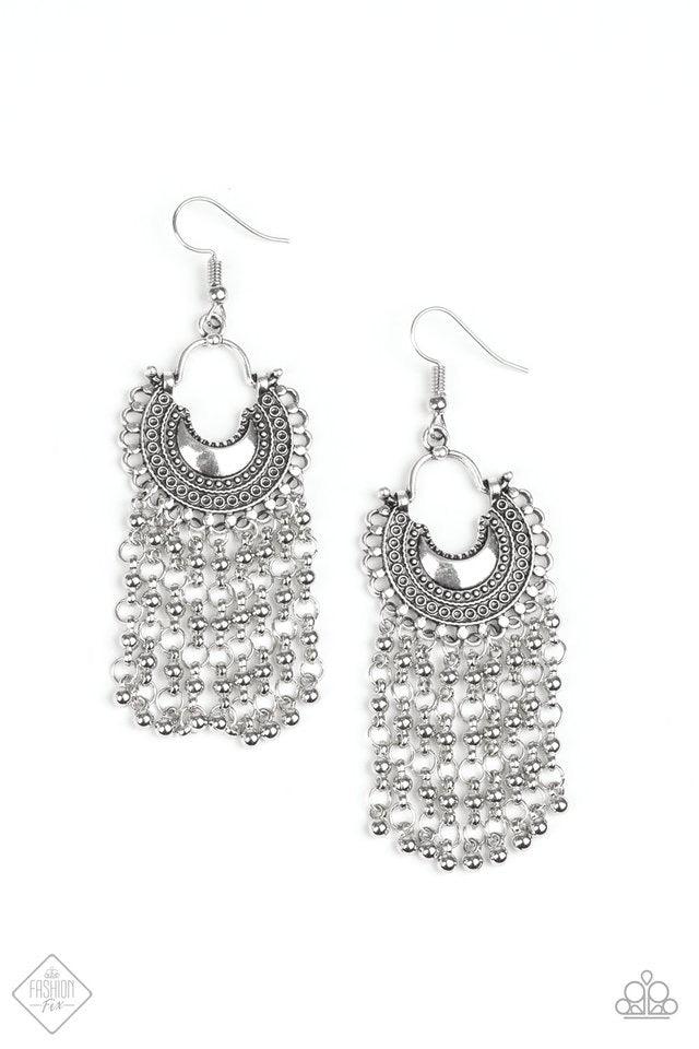 Paparazzi Accessories Catching Dreams - Silver Beaded silver chains stream from the bottom of a textured half-moon silver frame, creating a dreamy fringe. Earring attaches to a standard fishhook fitting. Earrings