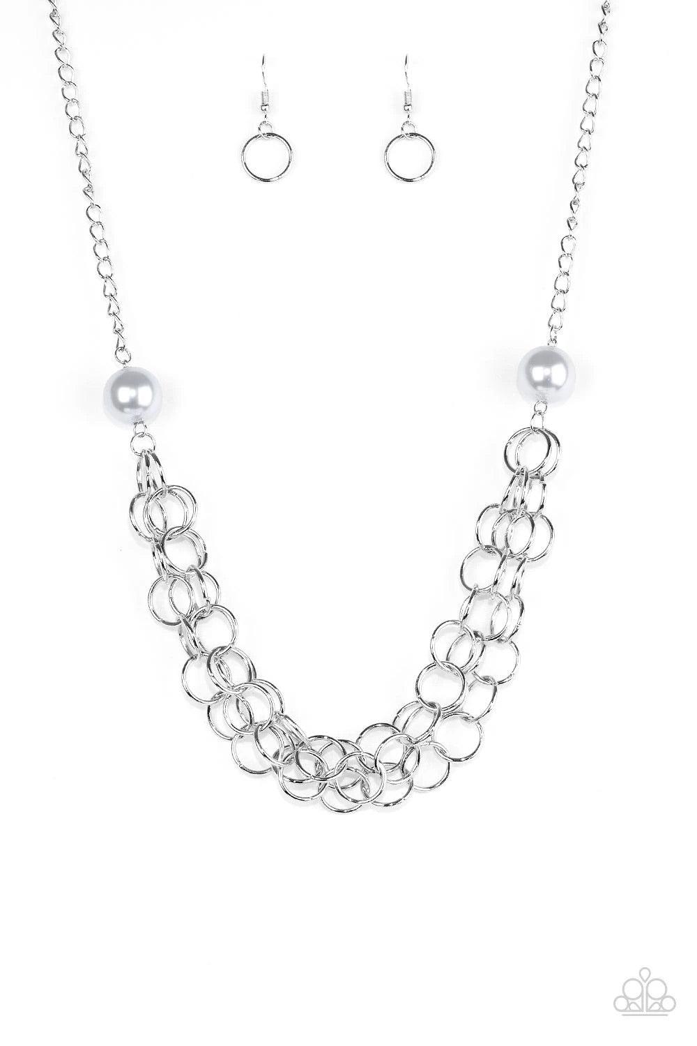 Paparazzi Accessories Daring Diva - Silver Two oversized silver pearls give way to dramatic silver chains, creating bold layers below the collar for a sassy look. Features an adjustable clasp closure. Sold as one individual necklace. Includes one pair of